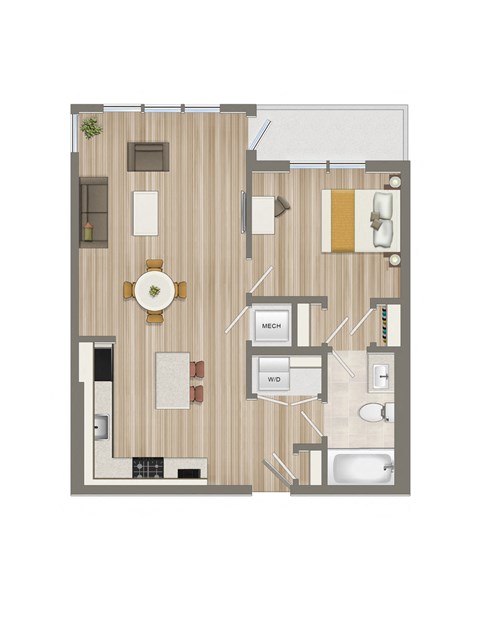 Floor plan for 1 bed, 1 bath, 635 sqft